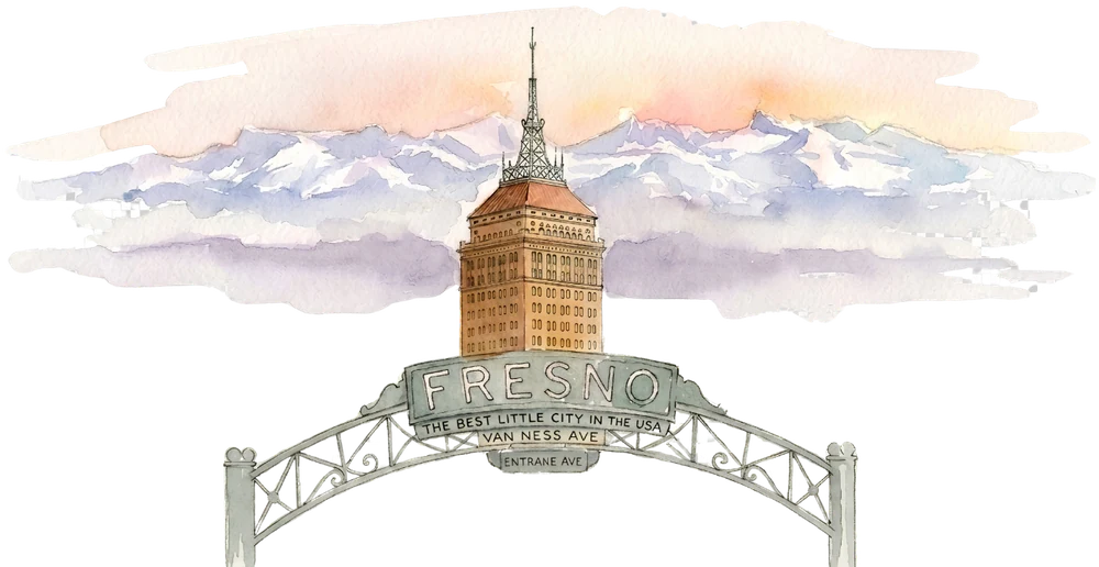 Watercolor of the Fresno gateway arch and water tower with the Sierra Nevada behind